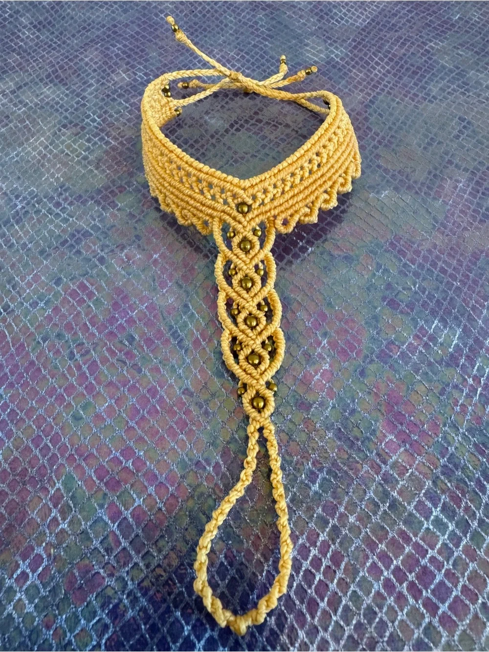 Macrame Hand Bracelet, Hand Flower, Hand Chain, Haarh Phool in Peach and Gold - Picture 3 of 4